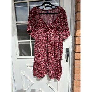 Old Navy Womens 2X Burgundy Floral V-Neck Tiered Swing Mini Dress Pockets Spring
